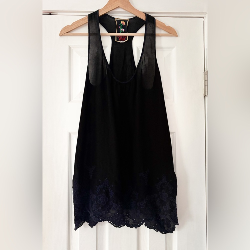 Johnny Was Semi-Sheer Black‎ Tank With Blue Embroidery Cupro Rayon Size XS EUC